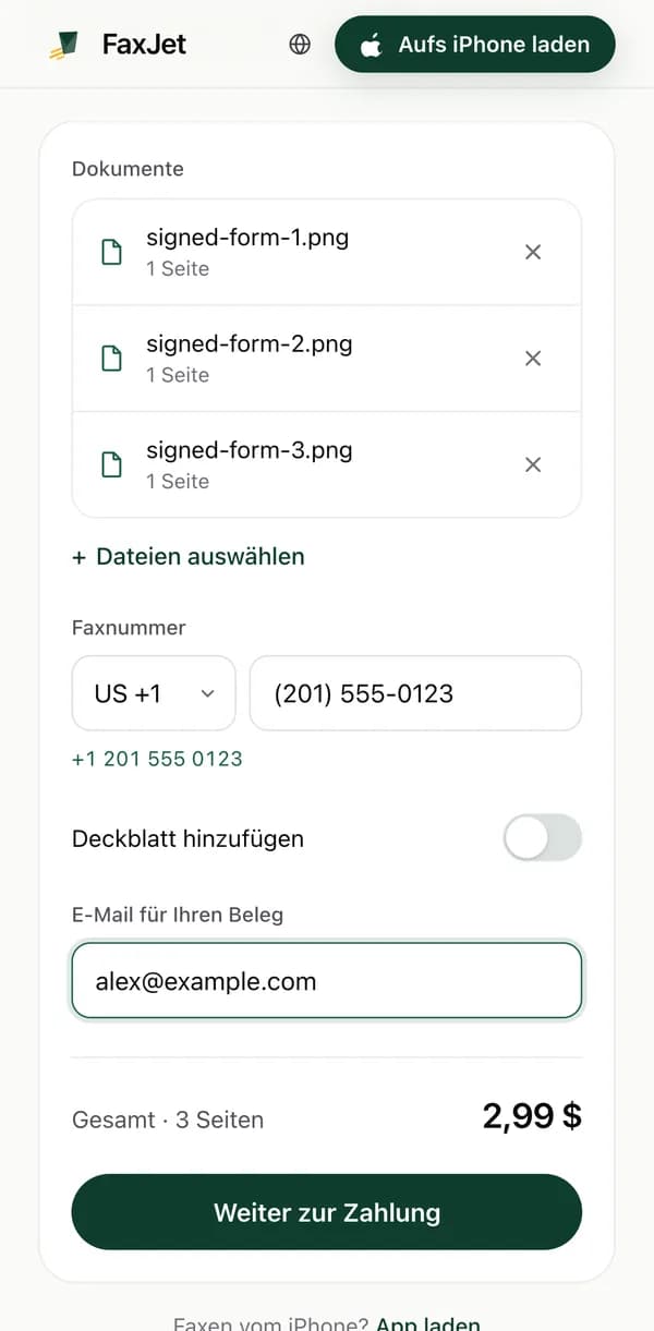 Der Web-Versand von FaxJet in Chrome auf einem Android Handy mit 3 hinzugefügten Seiten, einer eingegebenen US-Faxnummer und einer Summe von $2.99