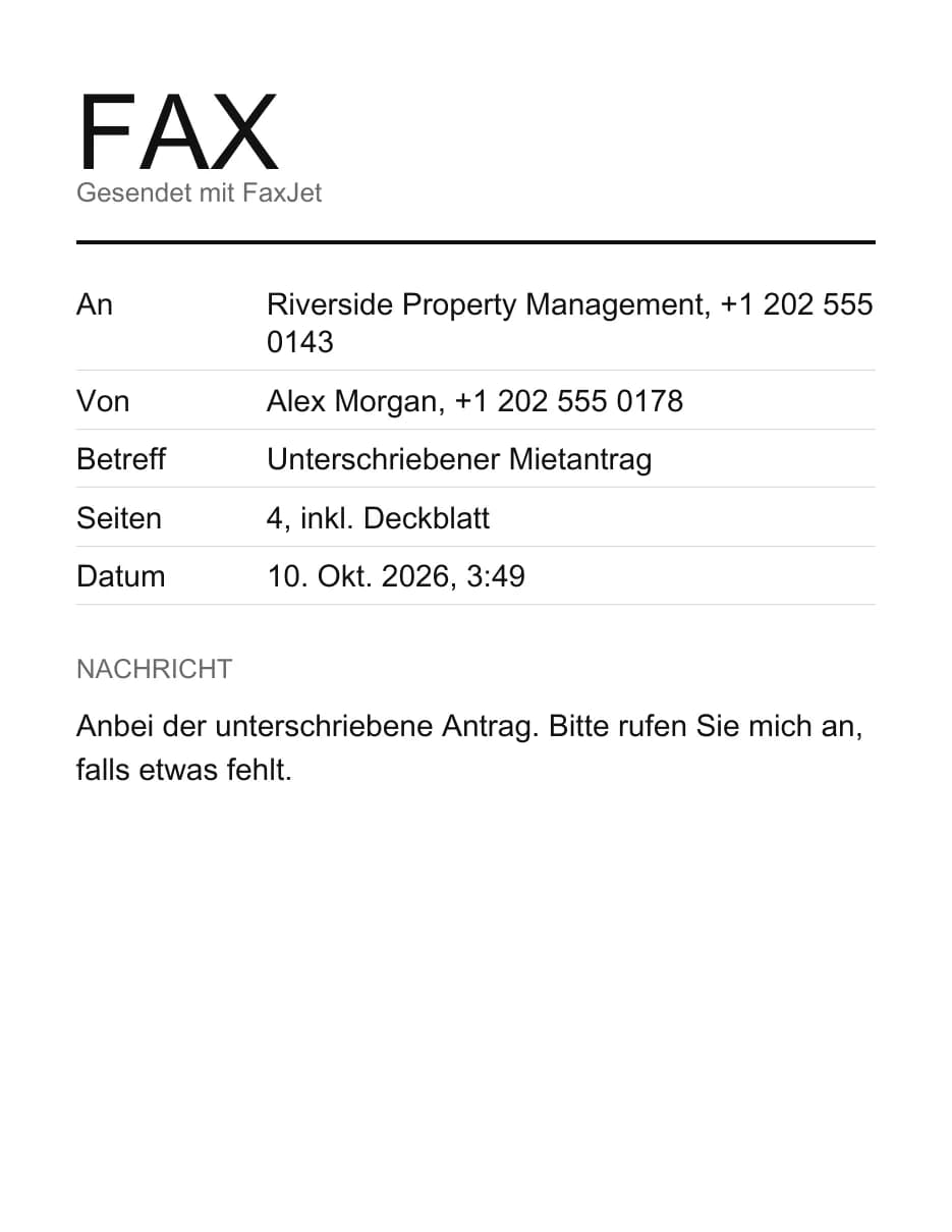 Ein Beispiel-Deckblatt von FaxJet mit An, Von, Betreff, 4 Seiten inklusive Deckblatt, Datum und einer kurzen Nachricht