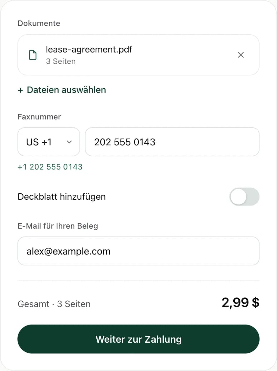 Der Web-Versand von FaxJet mit einem dreiseitigen PDF, einer eingegebenen US-Faxnummer und einer Summe von $2.99