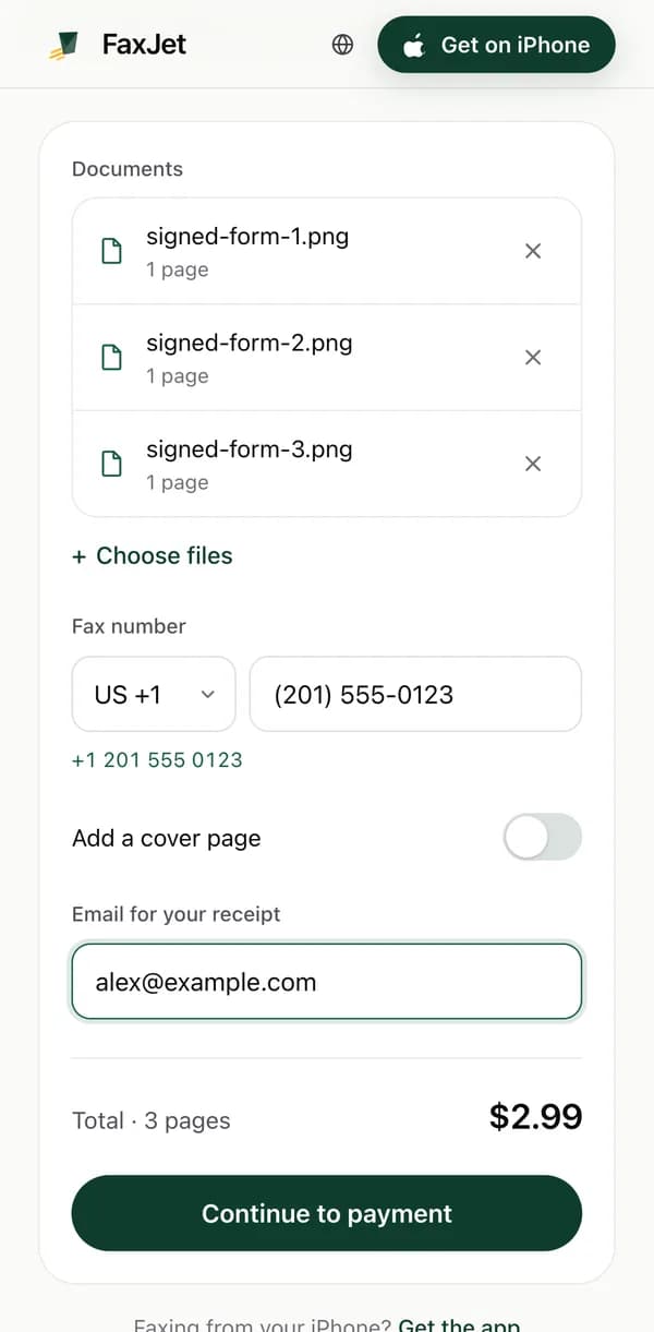 FaxJet’s web sender in Chrome on an Android phone with 3 pages added, a US fax number typed and a total of $2.99