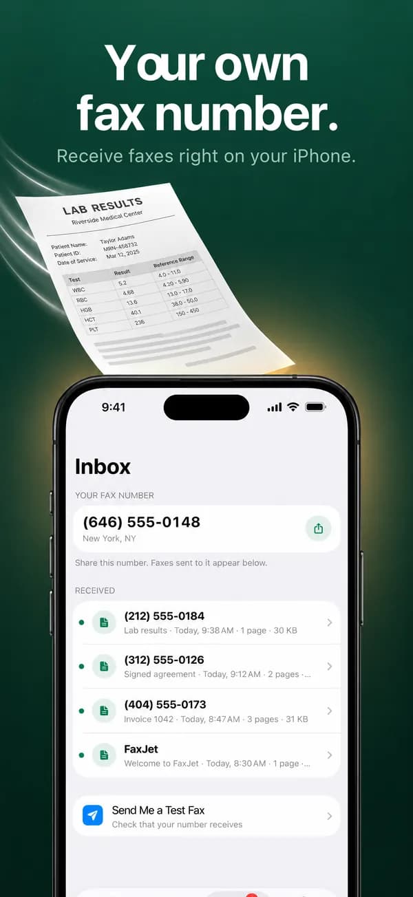 The FaxJet Inbox with a fax number of your own