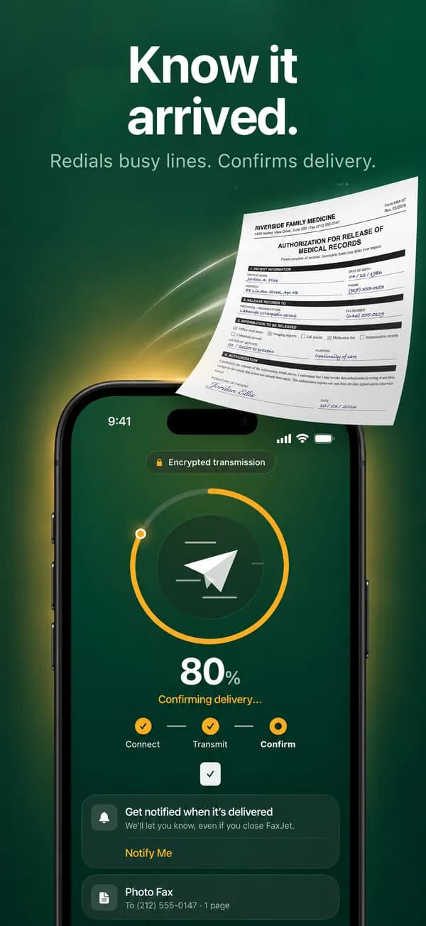 FaxJet sending a fax, 80 percent done and confirming delivery
