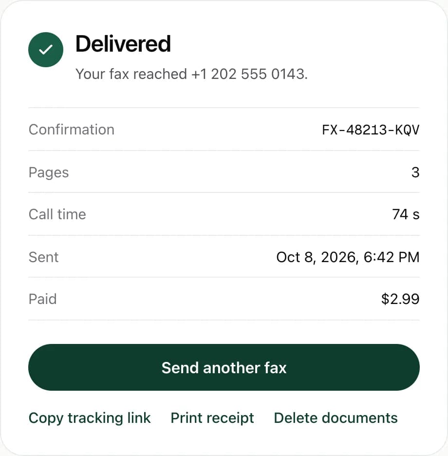 A FaxJet delivery receipt showing the confirmation number, 3 pages, the call time and $2.99 paid