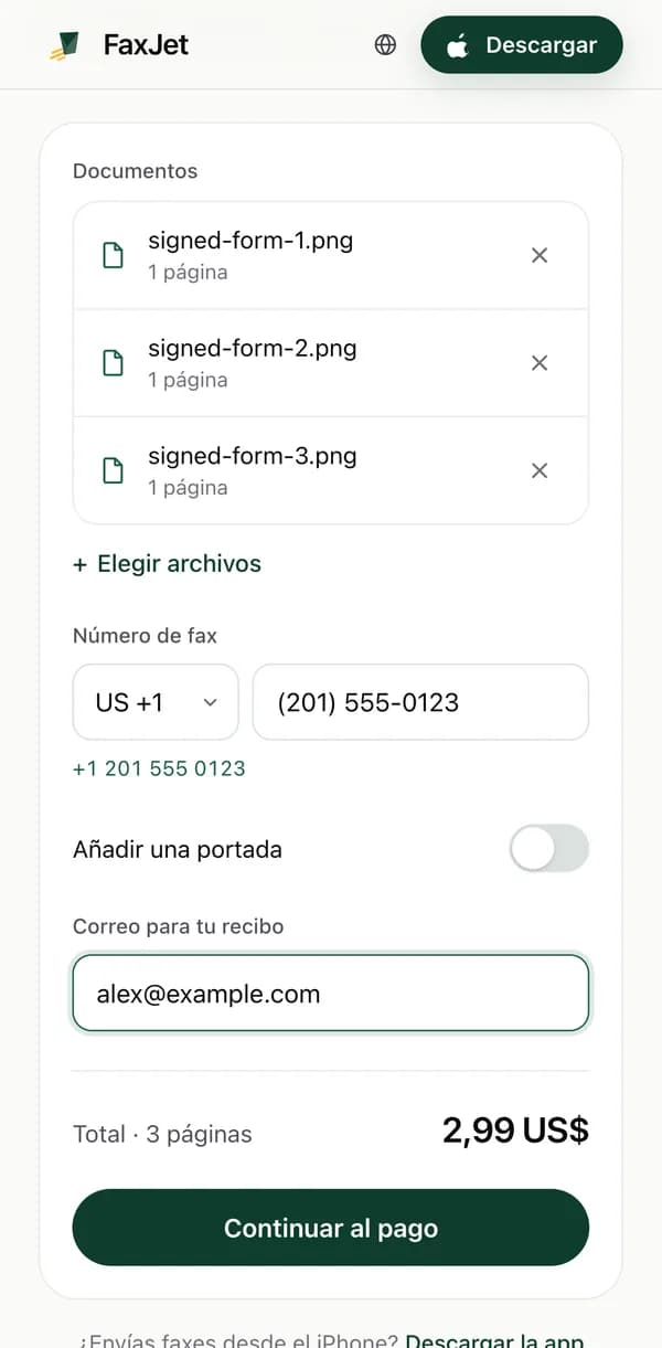 El formulario web de FaxJet en Chrome en un móvil Android, con 3 páginas añadidas, un número de fax de EE. UU. escrito y un total de $2.99
