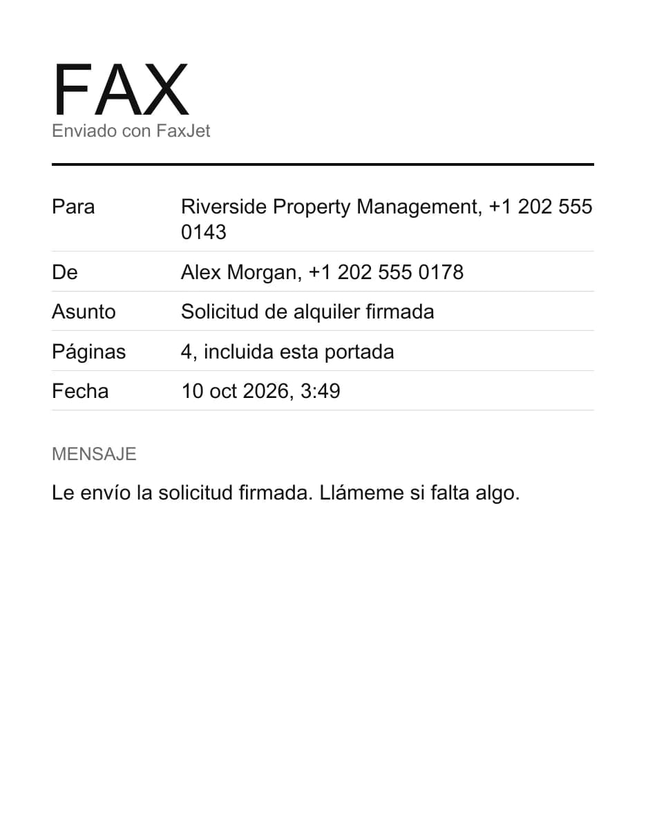 Un ejemplo de portada de FaxJet con Para, De, Asunto, 4 páginas incluida esta portada, la fecha y un mensaje corto