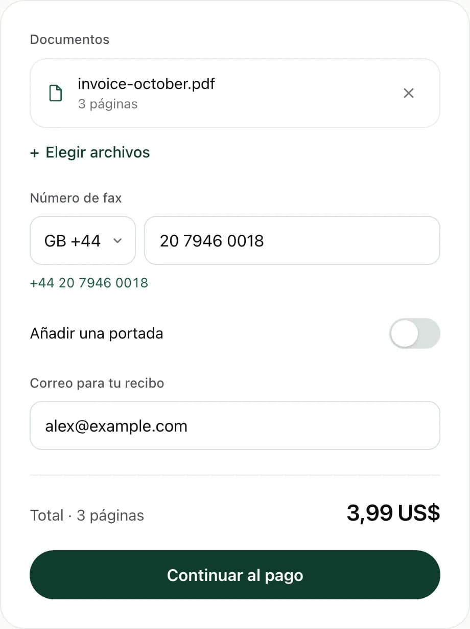 El formulario web de FaxJet con Reino Unido seleccionado, un número de fax de Londres y un total de $3.99