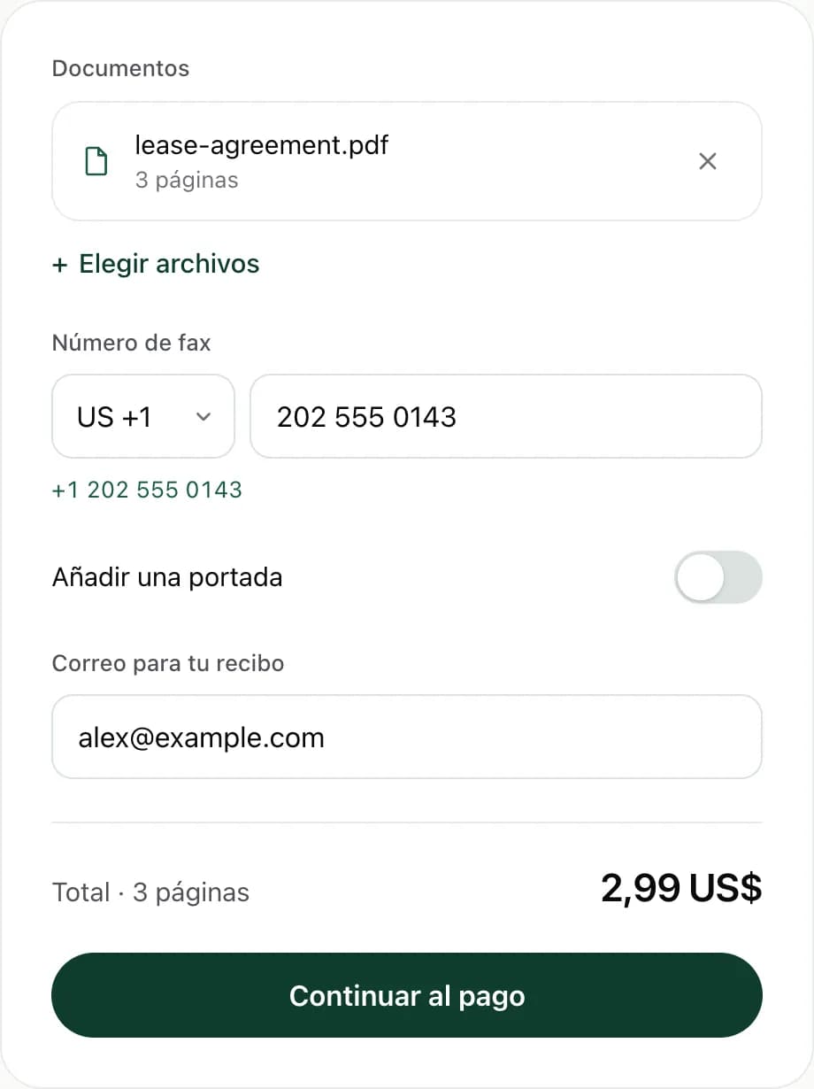 El formulario web de FaxJet con un PDF de 3 páginas añadido, un número de fax de EE. UU. escrito y un total de $2.99