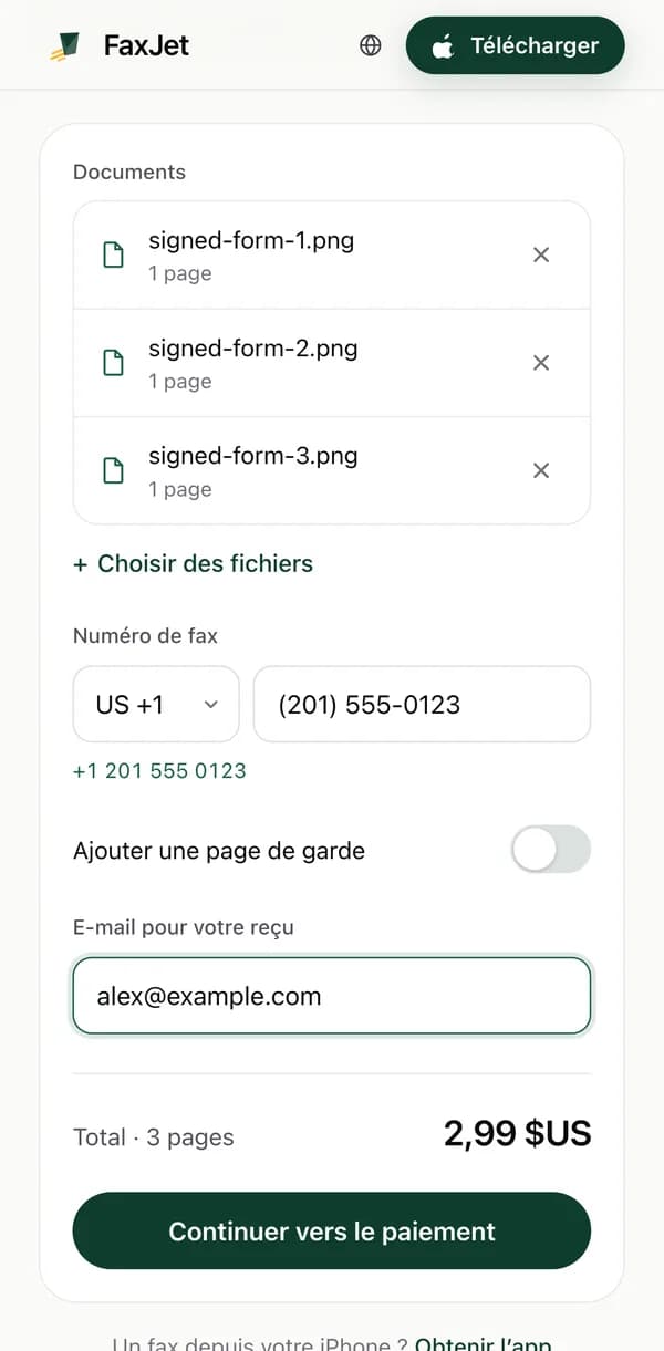 Le formulaire d’envoi de FaxJet dans Chrome sur un téléphone Android avec 3 pages ajoutées, un numéro de fax américain saisi et un total de $2.99