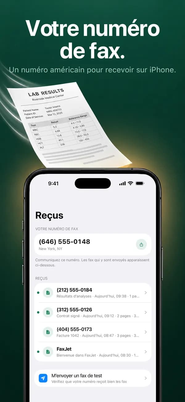 La boîte de réception de FaxJet avec un numéro de fax personnel