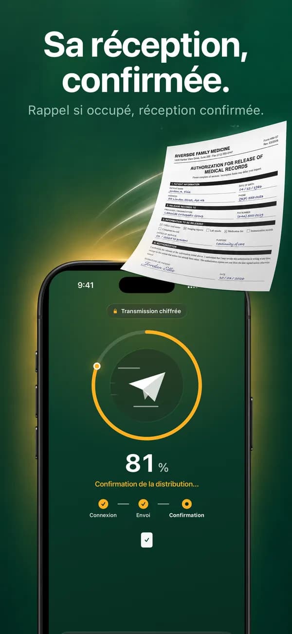 FaxJet en train d’envoyer un fax, à 80 % de la transmission, avec confirmation de la distribution