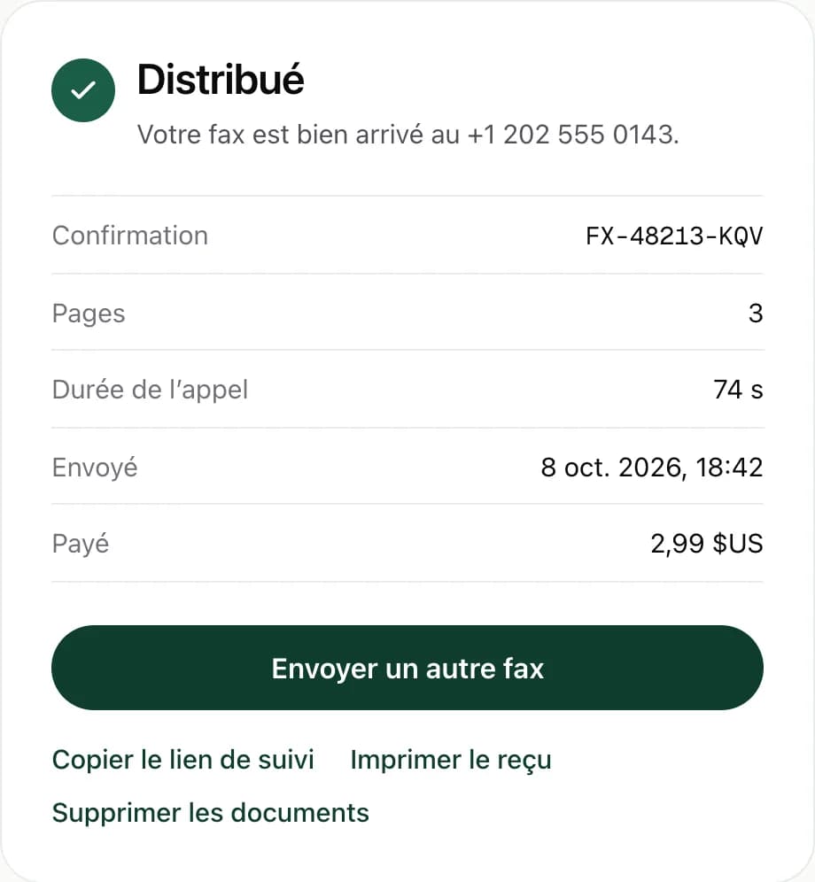 Un reçu de distribution FaxJet affichant le numéro de confirmation, 3 pages, la durée de l’appel et $2.99 payés