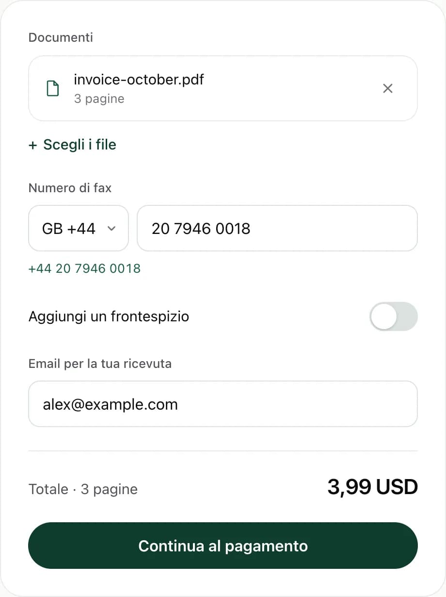 Il modulo di invio web di FaxJet con il Regno Unito selezionato, un numero di fax di Londra e un totale di $3.99