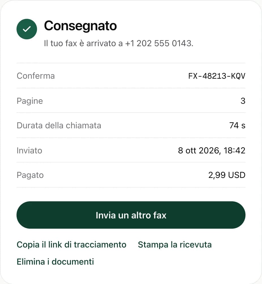 Una ricevuta di consegna di FaxJet con il numero di conferma, 3 pagine, la durata della chiamata e $2.99 pagati