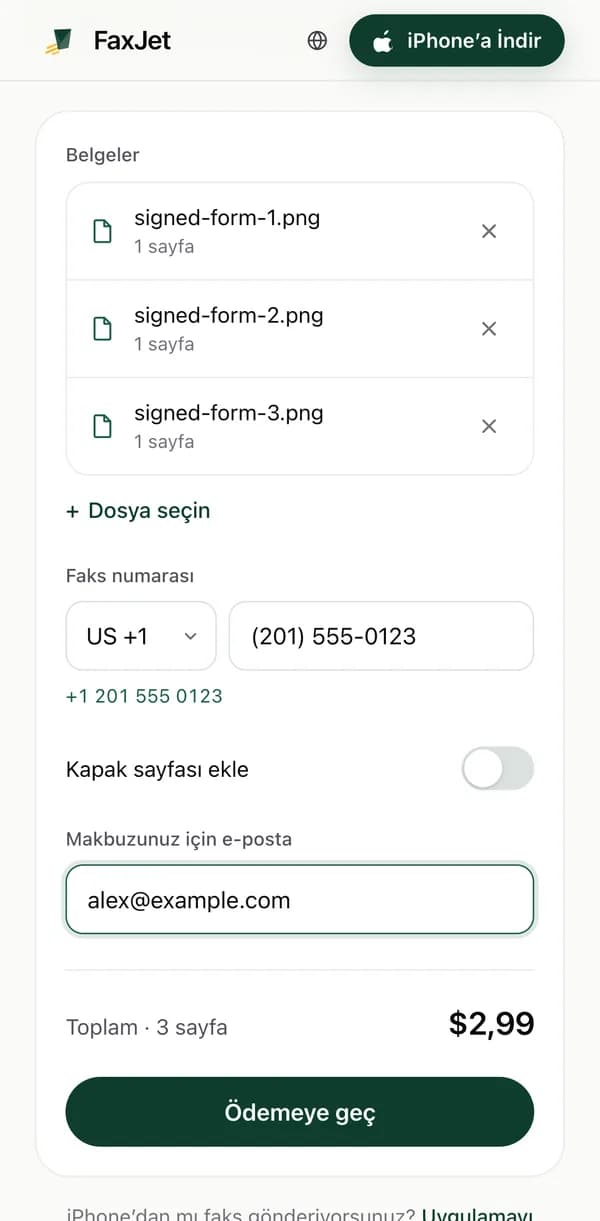 Bir Android telefonda Chrome’daki FaxJet web göndericisi: 3 sayfa eklenmiş, bir ABD faks numarası yazılmış ve toplam $2.99
