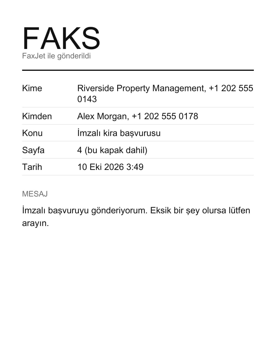 Kime, Kimden, Konu, bu kapak dahil 4 sayfa, tarih ve kısa bir mesaj içeren örnek bir FaxJet kapak sayfası