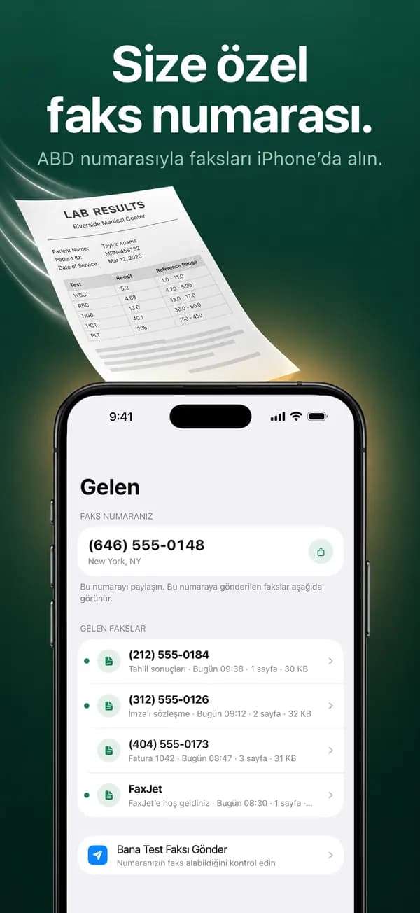 FaxJet’te size ait bir faks numarasıyla Gelen bölümü