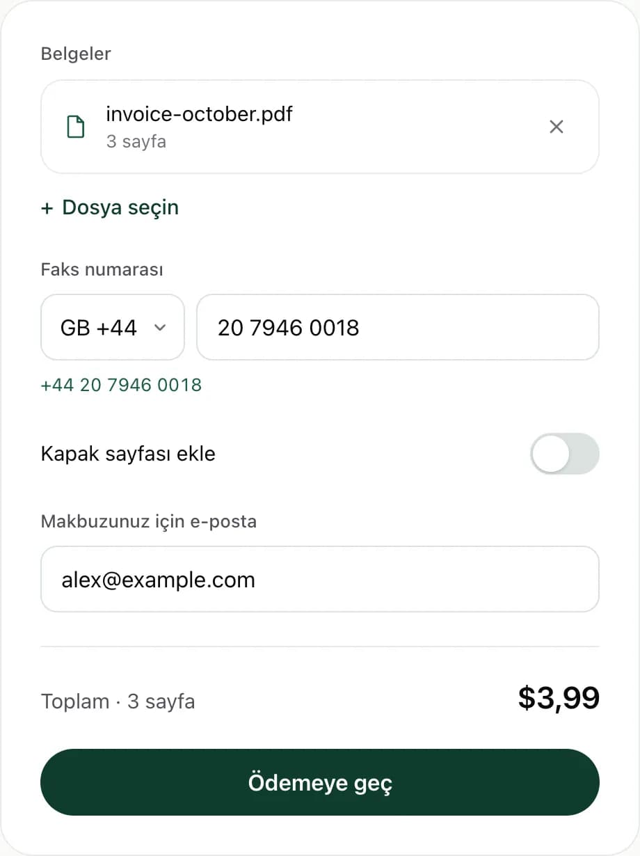 FaxJet web göndericisi: Birleşik Krallık seçili, bir Londra faks numarası ve toplam $3.99
