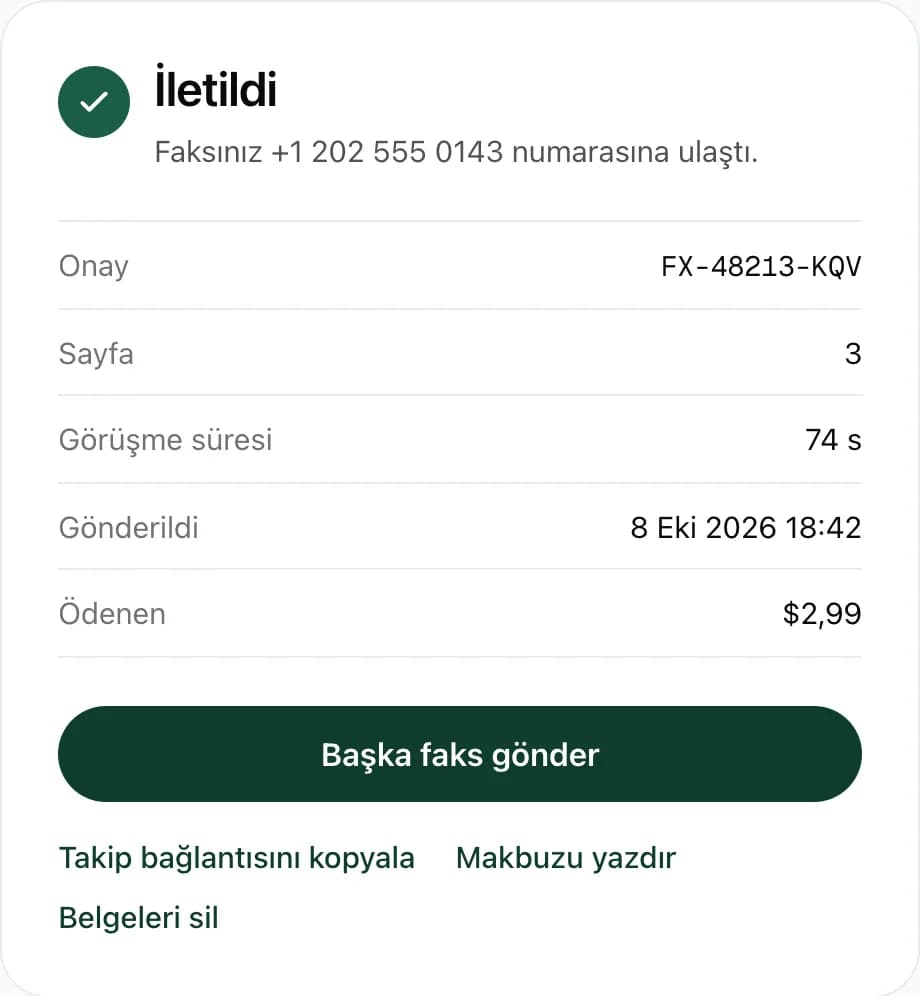 Onay numarasını, 3 sayfayı, arama süresini ve ödenen $2.99’u gösteren bir FaxJet gönderim makbuzu