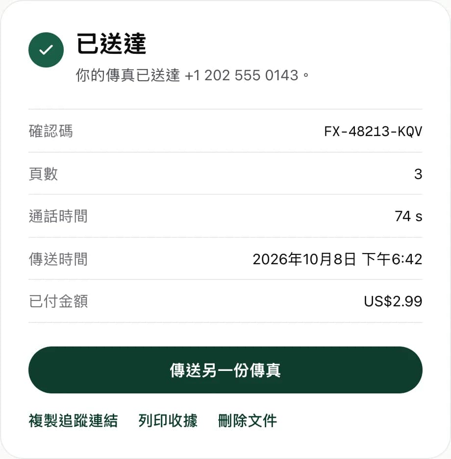 FaxJet 的傳送回條，顯示確認碼、3 頁、通話時間，以及已付 $2.99