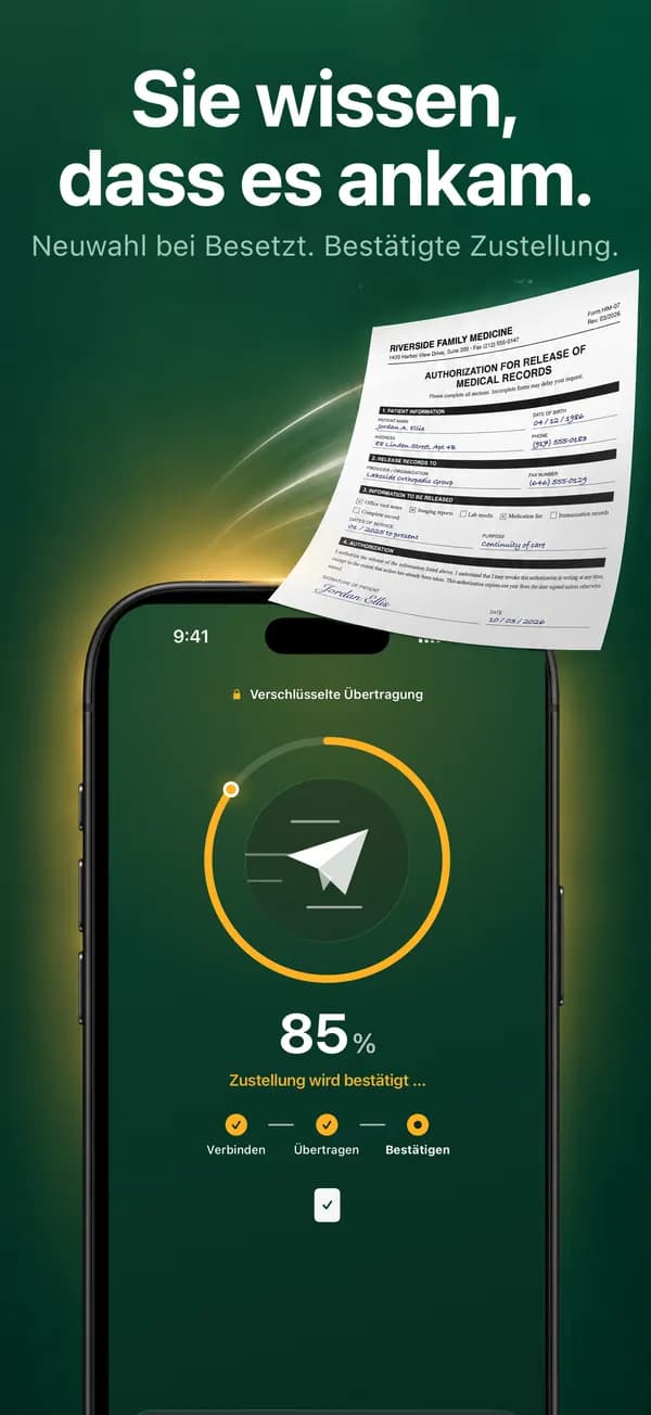 FaxJet sendet ein Fax, zu 80 Prozent fertig, und bestätigt die Zustellung