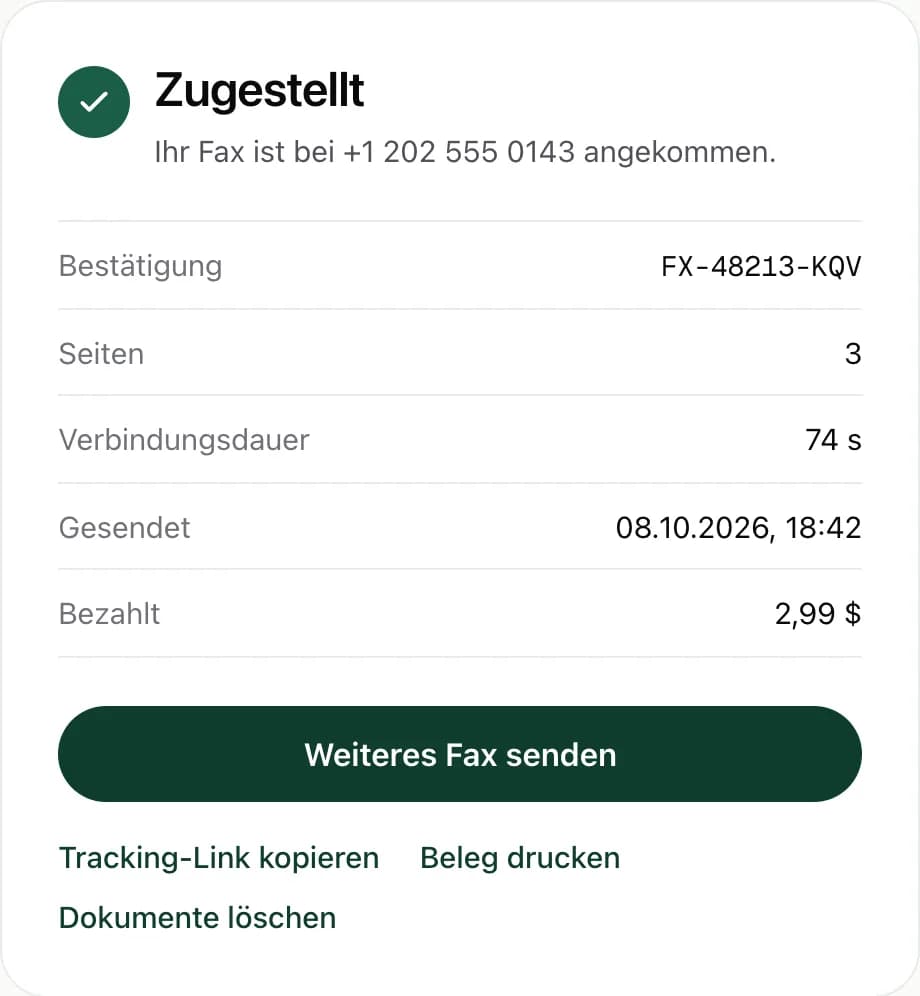 Ein FaxJet-Zustellbeleg mit Bestätigungsnummer, 3 Seiten, Anrufdauer und $2.99 bezahlt