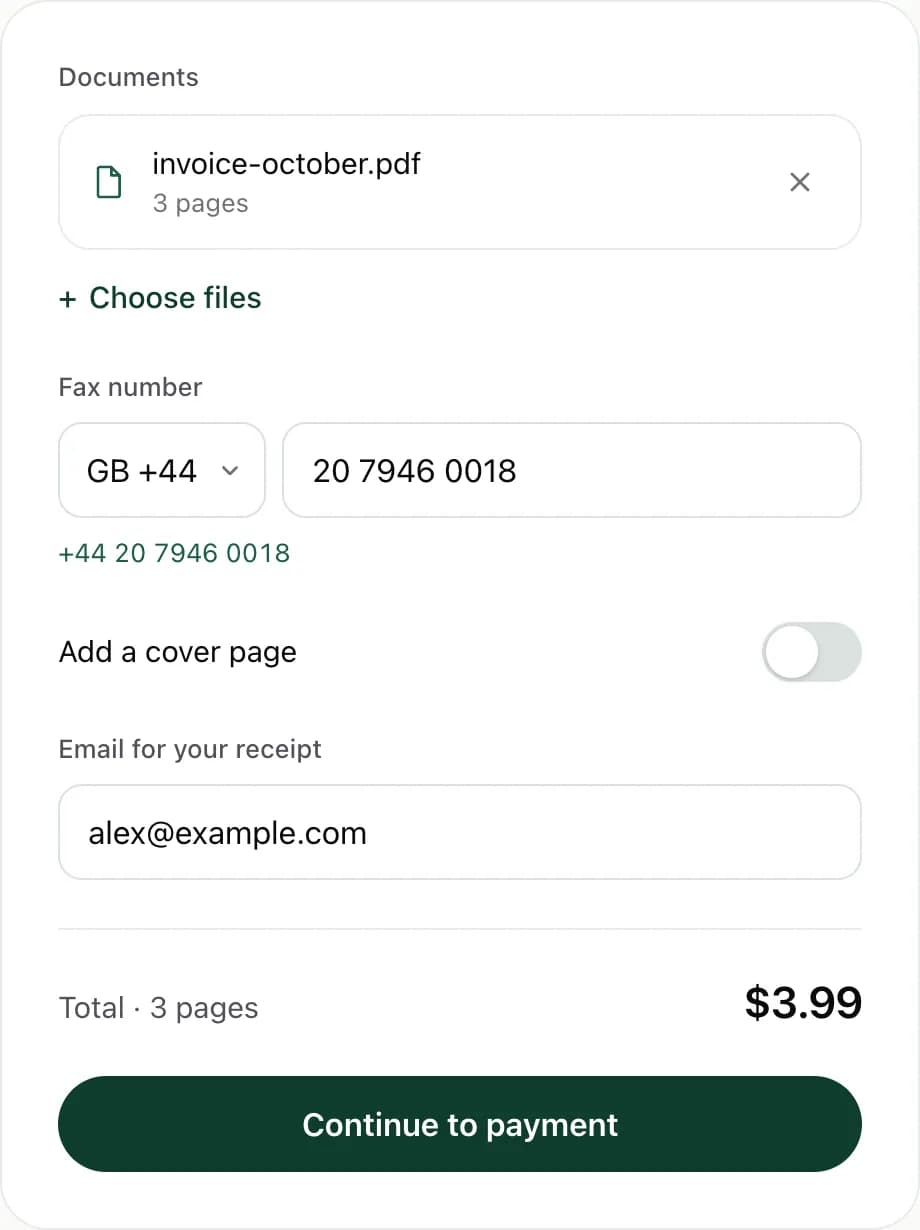 FaxJet’s web sender with the United Kingdom selected, a London fax number and a total of $3.99