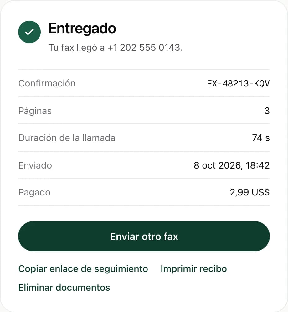 Un recibo de entrega de FaxJet con el número de confirmación, 3 páginas, la duración de la llamada y $2.99 pagados