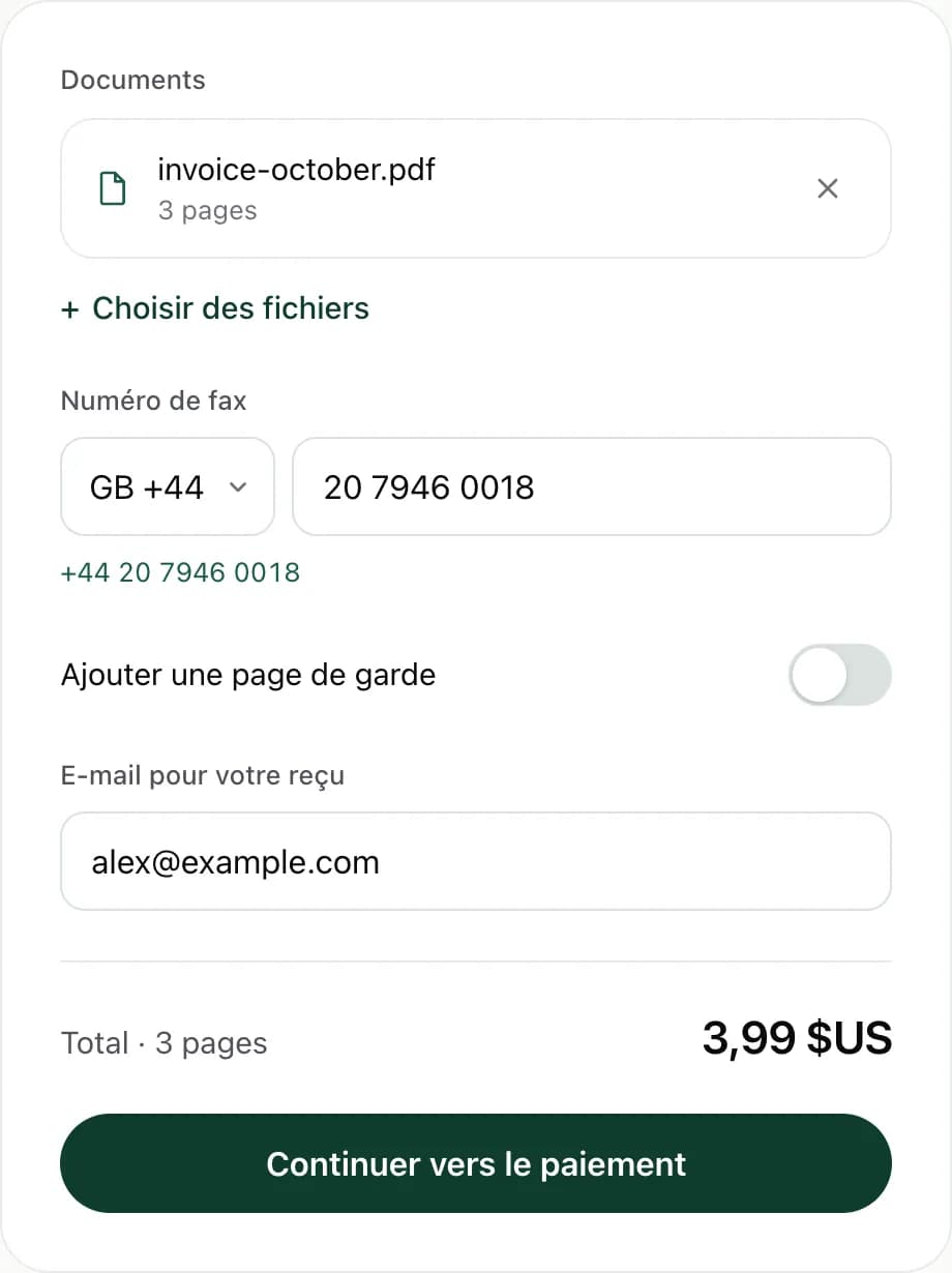 Le formulaire d’envoi de FaxJet avec le Royaume-Uni sélectionné, un numéro de fax londonien et un total de $3.99