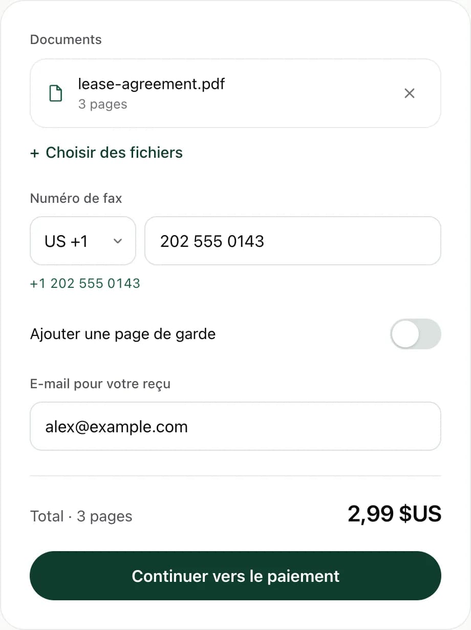 Le formulaire d’envoi de FaxJet avec un PDF de 3 pages ajouté, un numéro de fax américain saisi et un total de $2.99