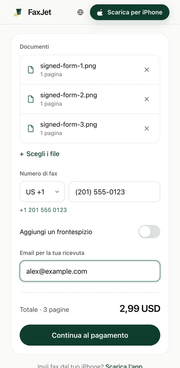 Il modulo di invio web di FaxJet in Chrome su un telefono Android con 3 pagine aggiunte, un numero di fax statunitense inserito e un totale di $2.99