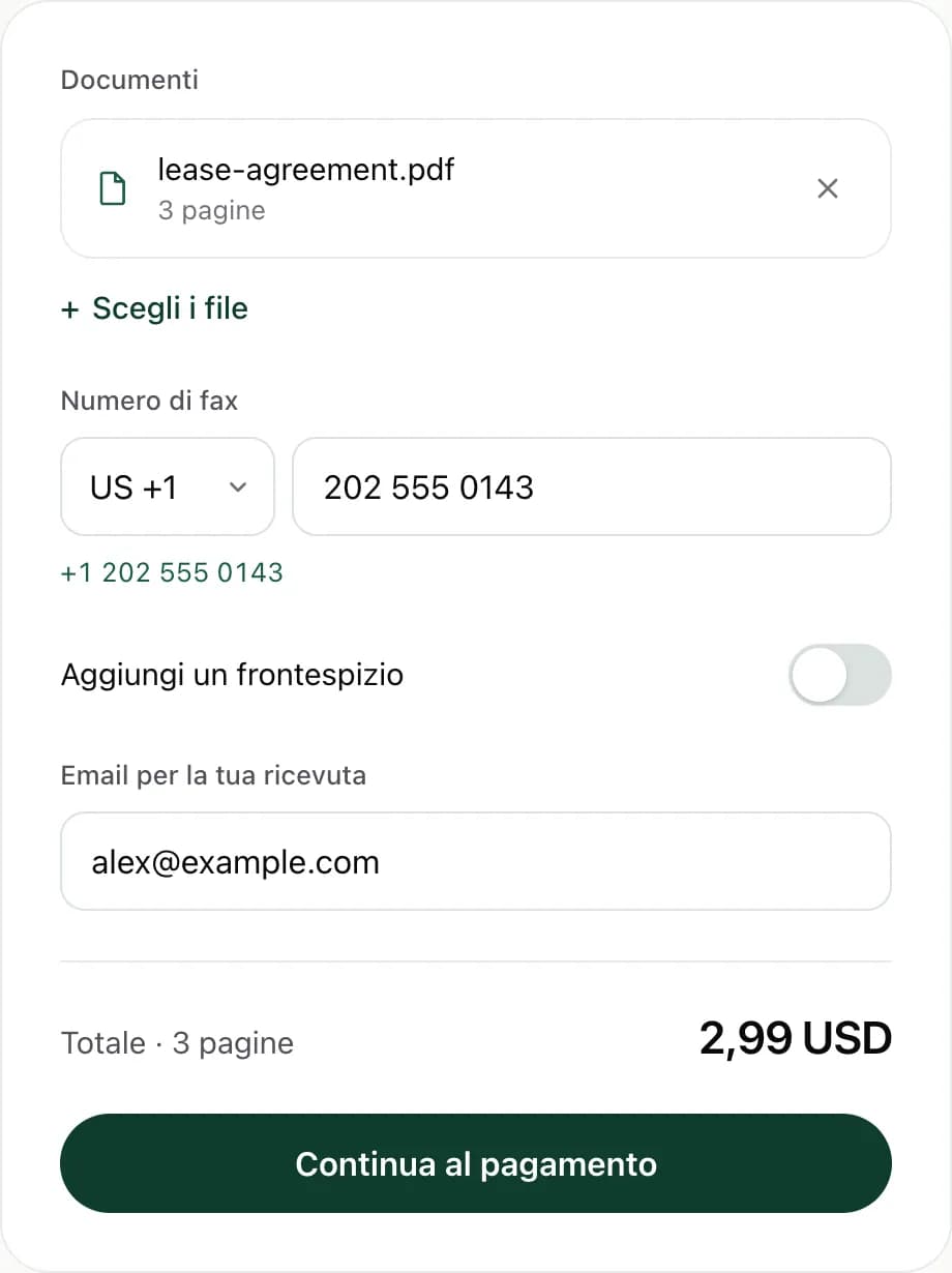 Il modulo di invio web di FaxJet con un PDF di 3 pagine aggiunto, un numero di fax statunitense inserito e un totale di $2.99